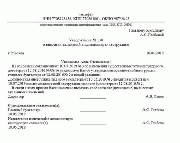 Уведомление об изменении трудовой функции работника образец