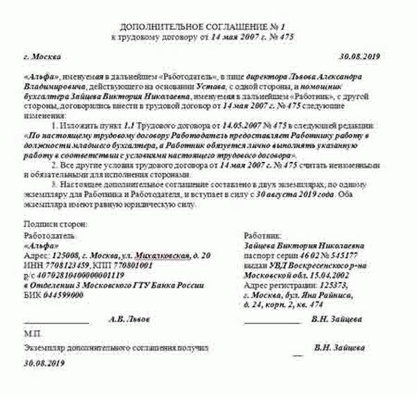 Доп соглашение к трудовому договору о смене наименования организации образец