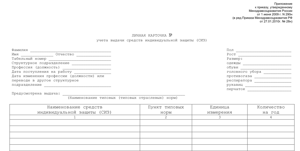 Приказ средства индивидуальной защиты. Форма карточки выдачи СИЗ приказ 290н. Личная карточка учета выдачи СИЗ 2010 образец бланк. Карточка выдачи СИЗ 2020 пример. СИЗ карточки списание.