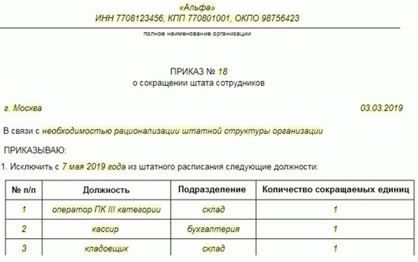 Приказ о сокращении образец