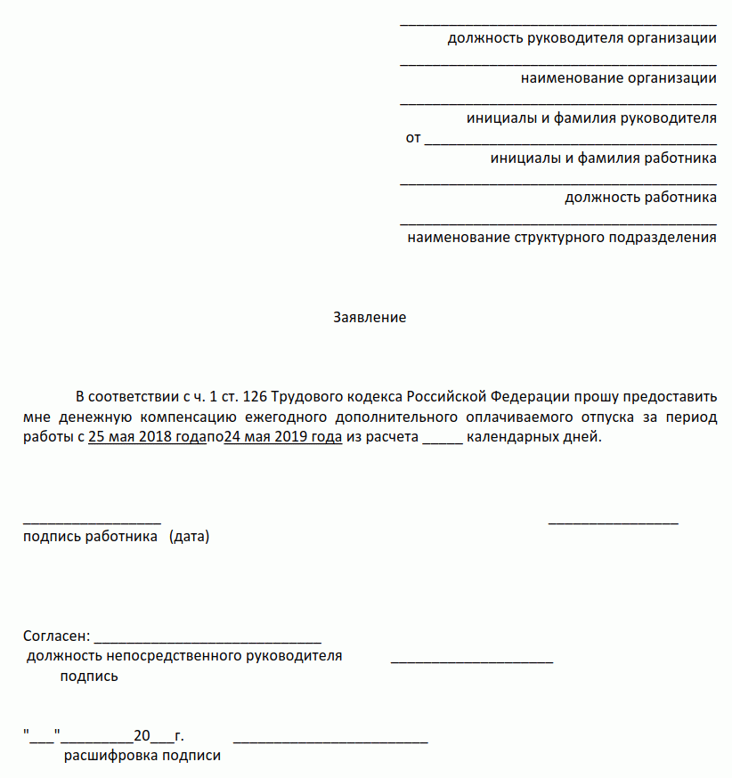 Как правильно написать заявление на компенсацию за неотгуленный отпуск образец